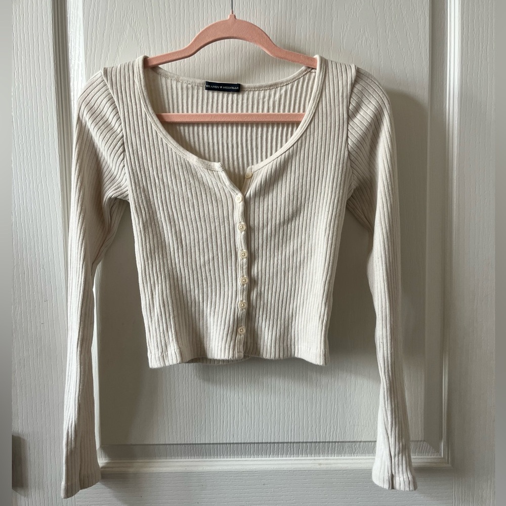 Brandy Melville Cream Long Sleeve Button Up Ribbed Top - one size